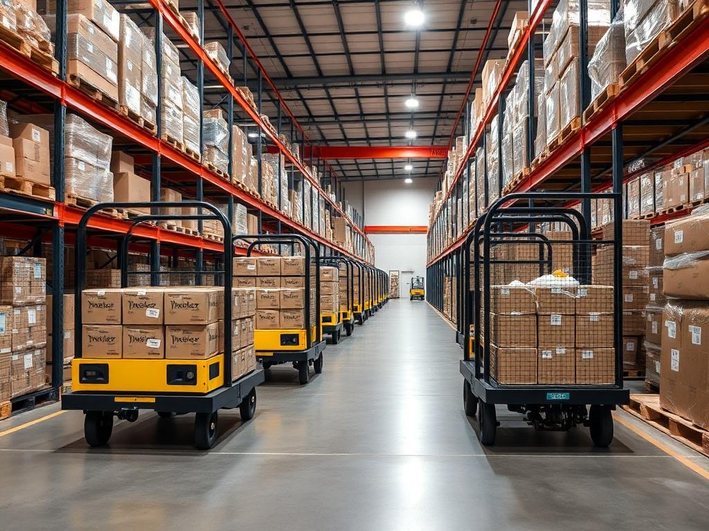 Self-propelled carts for transporting goods in the warehouse.фото